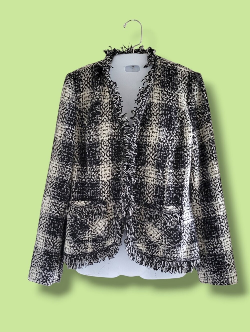 Carol Anderson | Textured Black/White Tweed Open Front Fringe Jacket